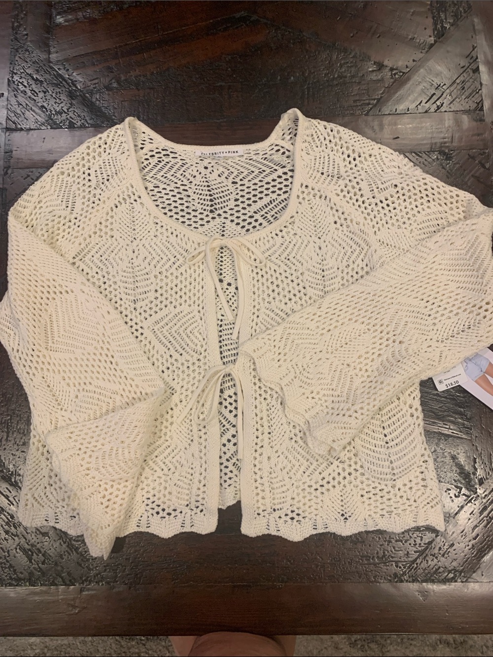 Celebrity Pink Open Crochet Tie-Front Cardigan in Cream - Picture 1 of 5